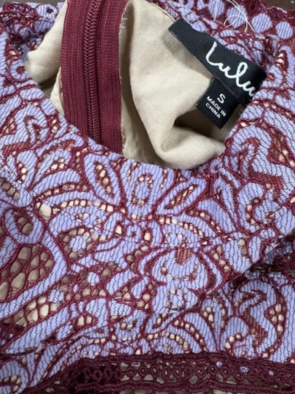 Lulus Belrose Burgundy and Lavender Lace Mini Dress NWT - Picture 6 of 8